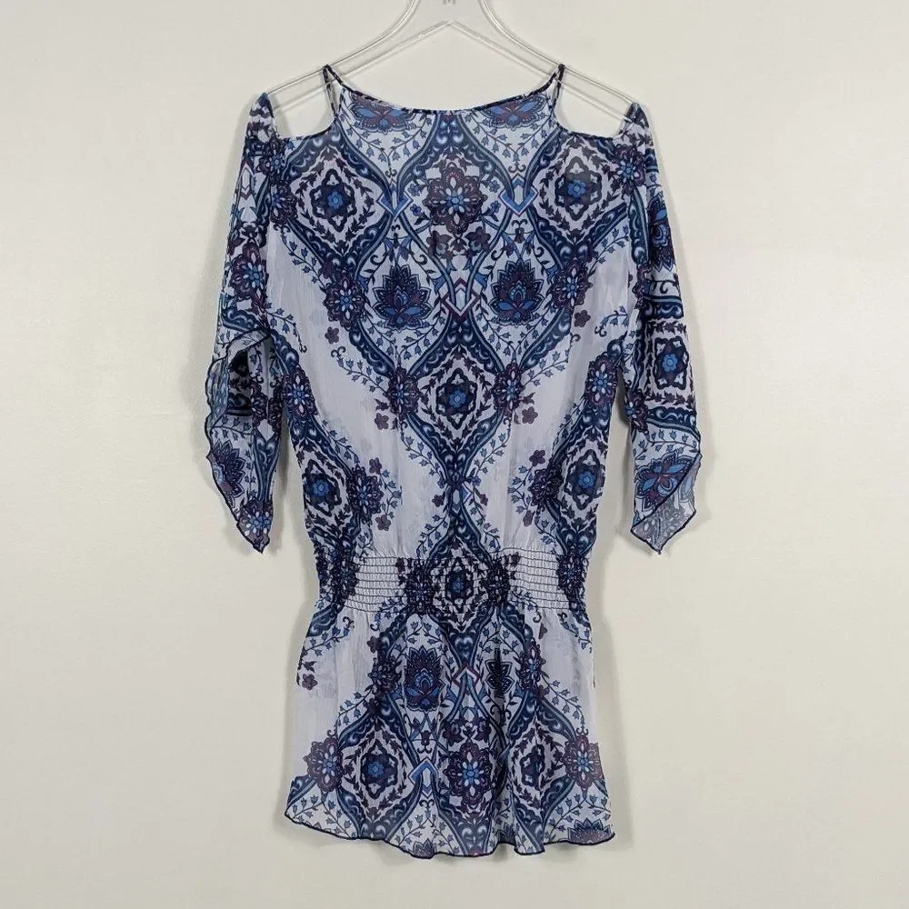 Becca by Rebecca Virtue Swimsuit Cover-Up Blue White Sheer Lotus Flower Medium